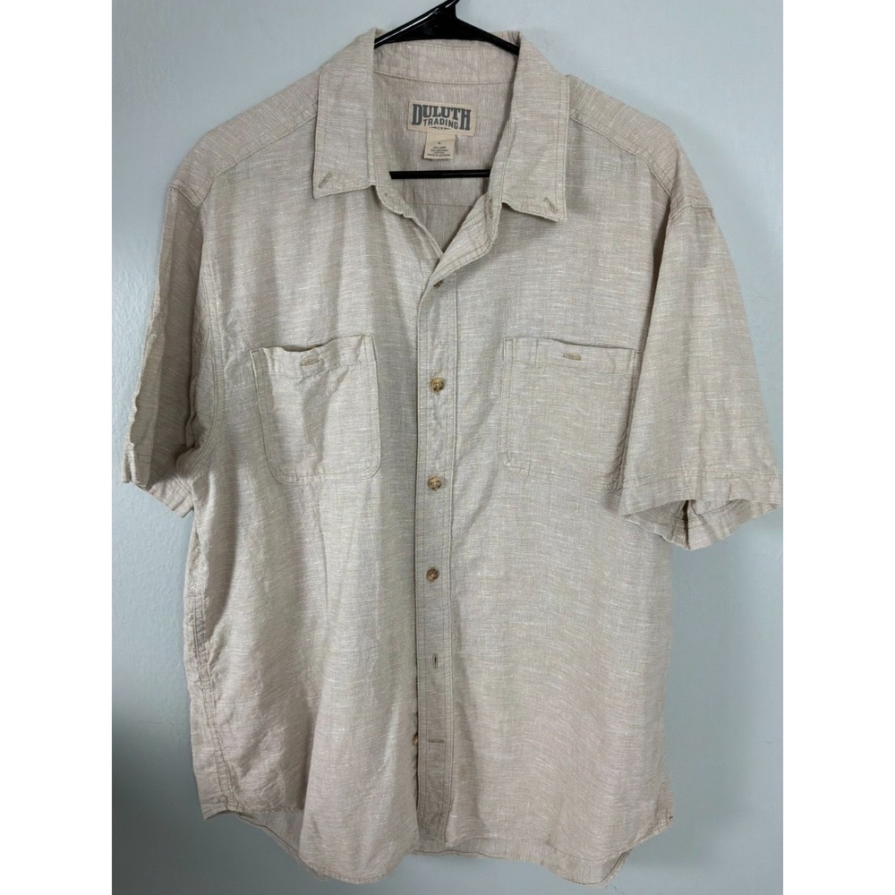 Duluth Trading Co Shirt Men L Beige Short Sleeve Button Front Casual